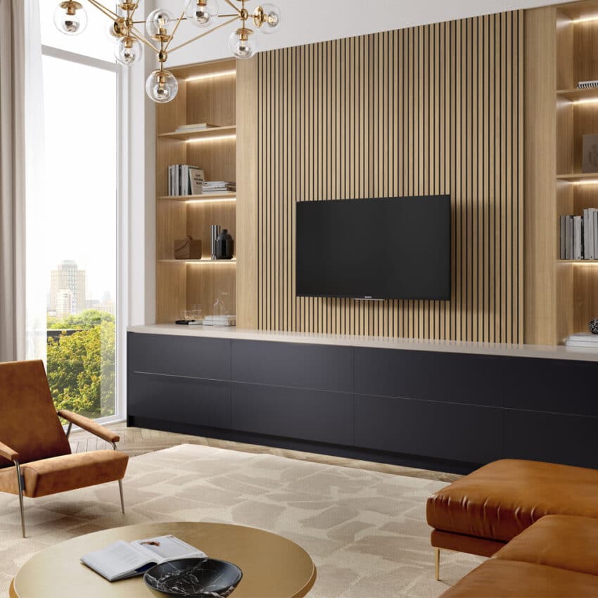 Media Room with Midnight blue cupboards and oak acoustic panels