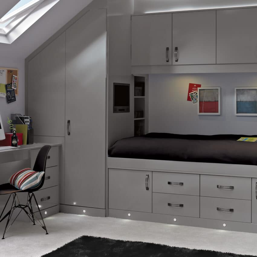 Space saver fitted wardrobe design in grey