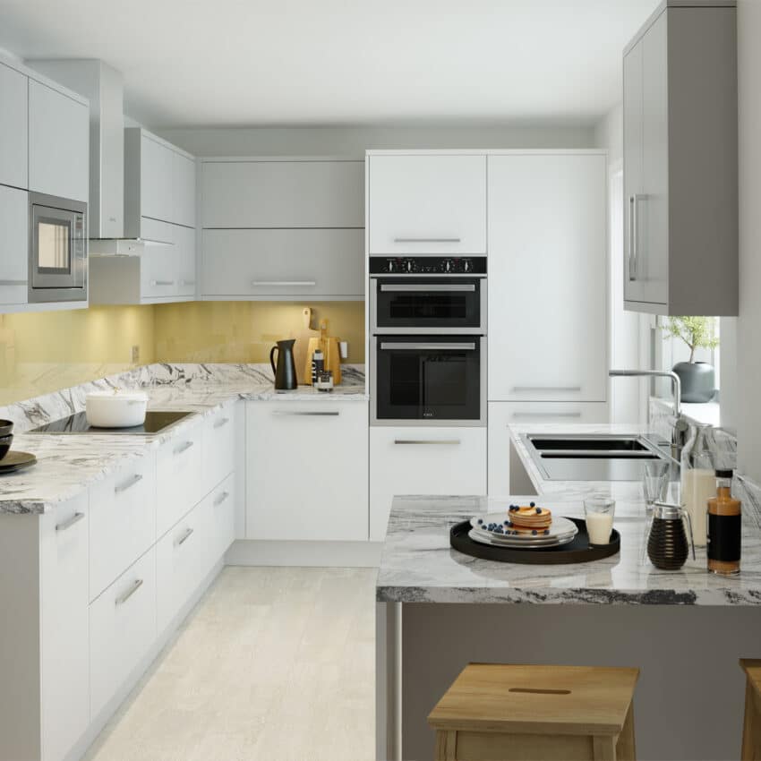 Cassia white kitchen with grey wall cabinets