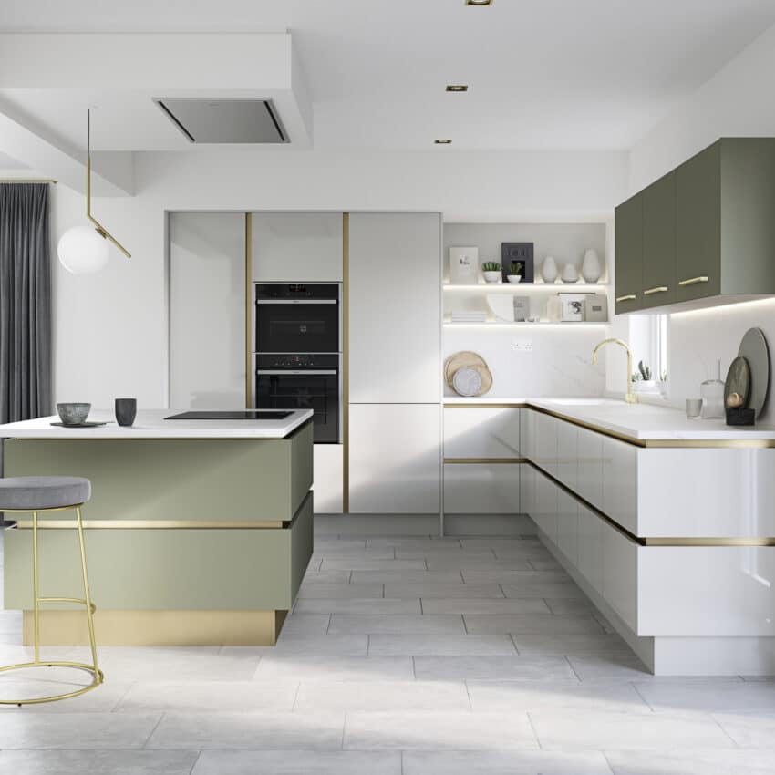 Regiment Green and white true handleless fitted kitchen