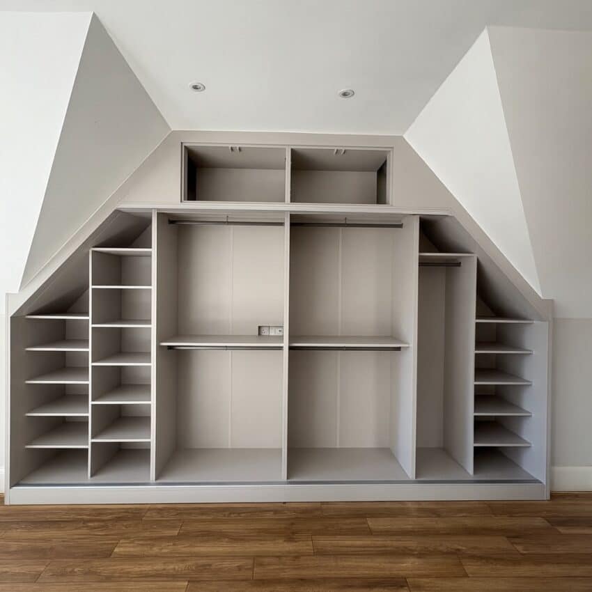 Fitted Wardrobes in Loft Room with walnut flooring