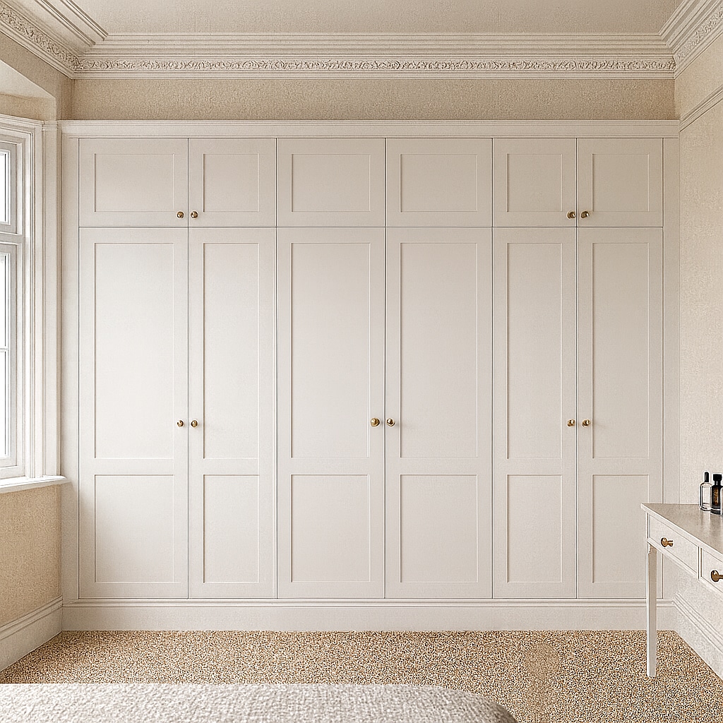 White shaker wardrobes in 1930s bedroom